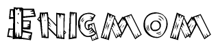 The clipart image shows the name Enigmom stylized to look as if it has been constructed out of wooden planks or logs. Each letter is designed to resemble pieces of wood.