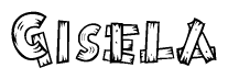 The image contains the name Gisela written in a decorative, stylized font with a hand-drawn appearance. The lines are made up of what appears to be planks of wood, which are nailed together