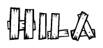 The image contains the name Hila written in a decorative, stylized font with a hand-drawn appearance. The lines are made up of what appears to be planks of wood, which are nailed together