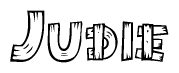 The clipart image shows the name Judie stylized to look as if it has been constructed out of wooden planks or logs. Each letter is designed to resemble pieces of wood.