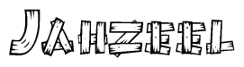 The image contains the name Jahzeel written in a decorative, stylized font with a hand-drawn appearance. The lines are made up of what appears to be planks of wood, which are nailed together