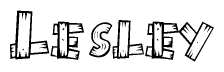 The image contains the name Lesley written in a decorative, stylized font with a hand-drawn appearance. The lines are made up of what appears to be planks of wood, which are nailed together