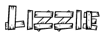The clipart image shows the name Lizzie stylized to look as if it has been constructed out of wooden planks or logs. Each letter is designed to resemble pieces of wood.