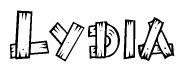 The image contains the name Lydia written in a decorative, stylized font with a hand-drawn appearance. The lines are made up of what appears to be planks of wood, which are nailed together