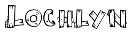 The image contains the name Lochlyn written in a decorative, stylized font with a hand-drawn appearance. The lines are made up of what appears to be planks of wood, which are nailed together