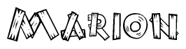 The clipart image shows the name Marion stylized to look as if it has been constructed out of wooden planks or logs. Each letter is designed to resemble pieces of wood.