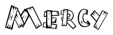 The image contains the name Mercy written in a decorative, stylized font with a hand-drawn appearance. The lines are made up of what appears to be planks of wood, which are nailed together