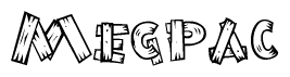 The clipart image shows the name Megpac stylized to look as if it has been constructed out of wooden planks or logs. Each letter is designed to resemble pieces of wood.