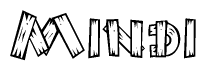 The clipart image shows the name Mindi stylized to look like it is constructed out of separate wooden planks or boards, with each letter having wood grain and plank-like details.