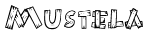The clipart image shows the name Mustela stylized to look as if it has been constructed out of wooden planks or logs. Each letter is designed to resemble pieces of wood.