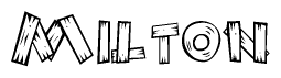 The image contains the name Milton written in a decorative, stylized font with a hand-drawn appearance. The lines are made up of what appears to be planks of wood, which are nailed together