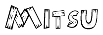 The image contains the name Mitsu written in a decorative, stylized font with a hand-drawn appearance. The lines are made up of what appears to be planks of wood, which are nailed together