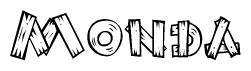 The image contains the name Monda written in a decorative, stylized font with a hand-drawn appearance. The lines are made up of what appears to be planks of wood, which are nailed together
