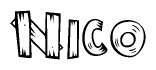 The clipart image shows the name Nico stylized to look like it is constructed out of separate wooden planks or boards, with each letter having wood grain and plank-like details.