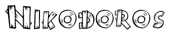 The image contains the name Nikodoros written in a decorative, stylized font with a hand-drawn appearance. The lines are made up of what appears to be planks of wood, which are nailed together