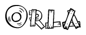 The image contains the name Orla written in a decorative, stylized font with a hand-drawn appearance. The lines are made up of what appears to be planks of wood, which are nailed together