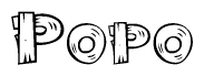 The image contains the name Popo written in a decorative, stylized font with a hand-drawn appearance. The lines are made up of what appears to be planks of wood, which are nailed together