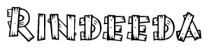 The image contains the name Rindeeda written in a decorative, stylized font with a hand-drawn appearance. The lines are made up of what appears to be planks of wood, which are nailed together