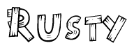 The clipart image shows the name Rusty stylized to look like it is constructed out of separate wooden planks or boards, with each letter having wood grain and plank-like details.