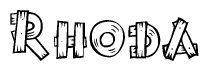 The image contains the name Rhoda written in a decorative, stylized font with a hand-drawn appearance. The lines are made up of what appears to be planks of wood, which are nailed together