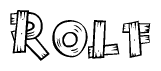 The image contains the name Rolf written in a decorative, stylized font with a hand-drawn appearance. The lines are made up of what appears to be planks of wood, which are nailed together