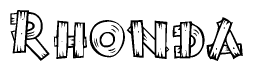 The image contains the name Rhonda written in a decorative, stylized font with a hand-drawn appearance. The lines are made up of what appears to be planks of wood, which are nailed together