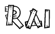 The image contains the name Rai written in a decorative, stylized font with a hand-drawn appearance. The lines are made up of what appears to be planks of wood, which are nailed together