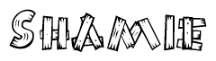 The image contains the name Shamie written in a decorative, stylized font with a hand-drawn appearance. The lines are made up of what appears to be planks of wood, which are nailed together