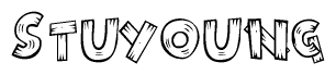 The image contains the name Stuyoung written in a decorative, stylized font with a hand-drawn appearance. The lines are made up of what appears to be planks of wood, which are nailed together