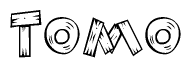 The image contains the name Tomo written in a decorative, stylized font with a hand-drawn appearance. The lines are made up of what appears to be planks of wood, which are nailed together