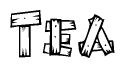 The clipart image shows the name Tea stylized to look as if it has been constructed out of wooden planks or logs. Each letter is designed to resemble pieces of wood.