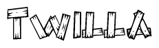 The image contains the name Twilla written in a decorative, stylized font with a hand-drawn appearance. The lines are made up of what appears to be planks of wood, which are nailed together