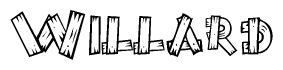   The image contains the name Willard written in a decorative, stylized font with a hand-drawn appearance. The lines are made up of what appears to be planks of wood, which are nailed together 
