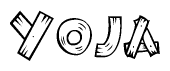 The image contains the name Yoja written in a decorative, stylized font with a hand-drawn appearance. The lines are made up of what appears to be planks of wood, which are nailed together