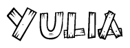 The clipart image shows the name Yulia stylized to look as if it has been constructed out of wooden planks or logs. Each letter is designed to resemble pieces of wood.