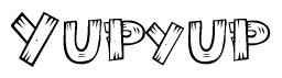 The image contains the name Yupyup written in a decorative, stylized font with a hand-drawn appearance. The lines are made up of what appears to be planks of wood, which are nailed together