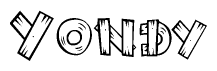 The image contains the name Yondy written in a decorative, stylized font with a hand-drawn appearance. The lines are made up of what appears to be planks of wood, which are nailed together