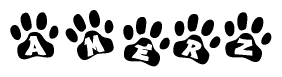 The image shows a row of animal paw prints, each containing a letter. The letters spell out the word Amerz within the paw prints.