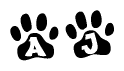 The image shows a series of animal paw prints arranged in a horizontal line. Each paw print contains a letter, and together they spell out the word Aj.
