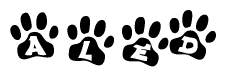 The image shows a series of animal paw prints arranged horizontally. Within each paw print, there's a letter; together they spell Aled