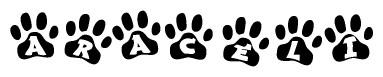 The image shows a row of animal paw prints, each containing a letter. The letters spell out the word Araceli within the paw prints.