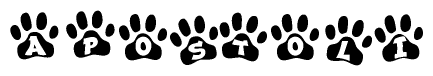The image shows a series of animal paw prints arranged in a horizontal line. Each paw print contains a letter, and together they spell out the word Apostoli.