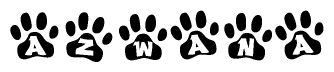 The image shows a series of animal paw prints arranged in a horizontal line. Each paw print contains a letter, and together they spell out the word Azwana.