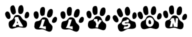 The image shows a series of animal paw prints arranged in a horizontal line. Each paw print contains a letter, and together they spell out the word Allyson.
