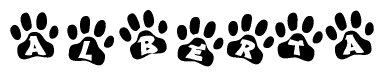 The image shows a series of animal paw prints arranged horizontally. Within each paw print, there's a letter; together they spell Alberta