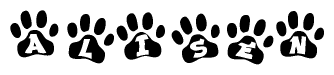 The image shows a series of animal paw prints arranged in a horizontal line. Each paw print contains a letter, and together they spell out the word Alisen.