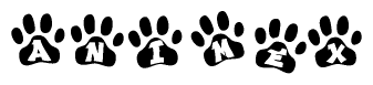 The image shows a series of animal paw prints arranged in a horizontal line. Each paw print contains a letter, and together they spell out the word Animex.