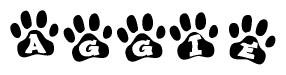 The image shows a series of animal paw prints arranged horizontally. Within each paw print, there's a letter; together they spell Aggie