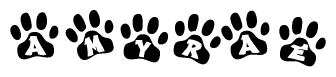 The image shows a row of animal paw prints, each containing a letter. The letters spell out the word Amyrae within the paw prints.