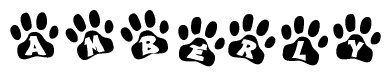 The image shows a row of animal paw prints, each containing a letter. The letters spell out the word Amberly within the paw prints.